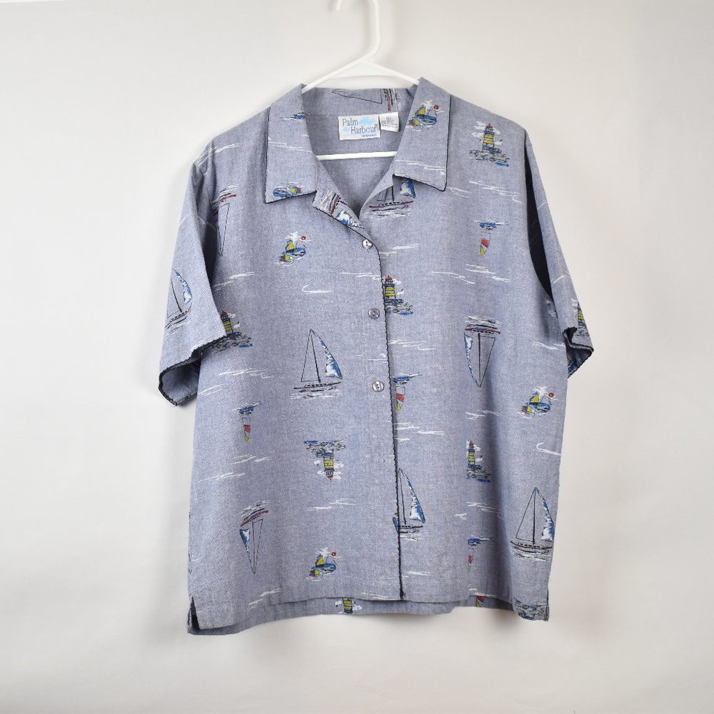 Palm Harbour Cotton Beach Nautical Coastal Sailboat Button Up Polo Shirt Size 1X